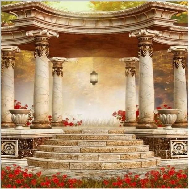 HelloDecor Polyester Fabric 5x7ft Red Flowers Garden Greek Columns