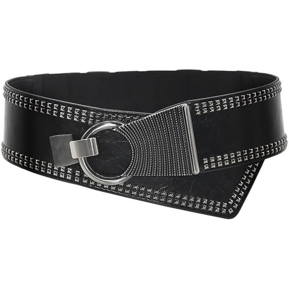 Womens Faux Leather Waist Belt Elastic Wide Punk Western Belts Vintage Studded Buckle Cinch Belt for Dress Jeans