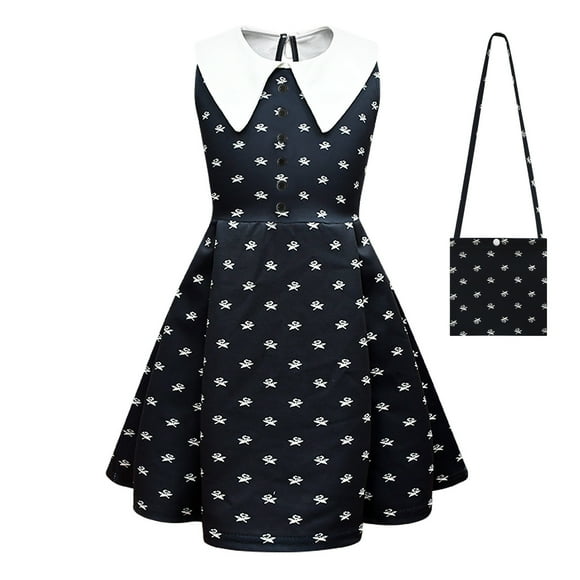 Addams Family Wednesday Costume Dress up, Casual Vintage Peter Pan Collar Birthday Party Dress Suitble for 4-12 Years Girls