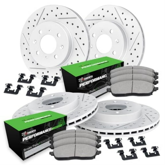 R1 Concepts Drilled and Slotted Carbon Coated Disc Brake Rotor Set with Performance Sport Pads and Hardware WBSH2-76007