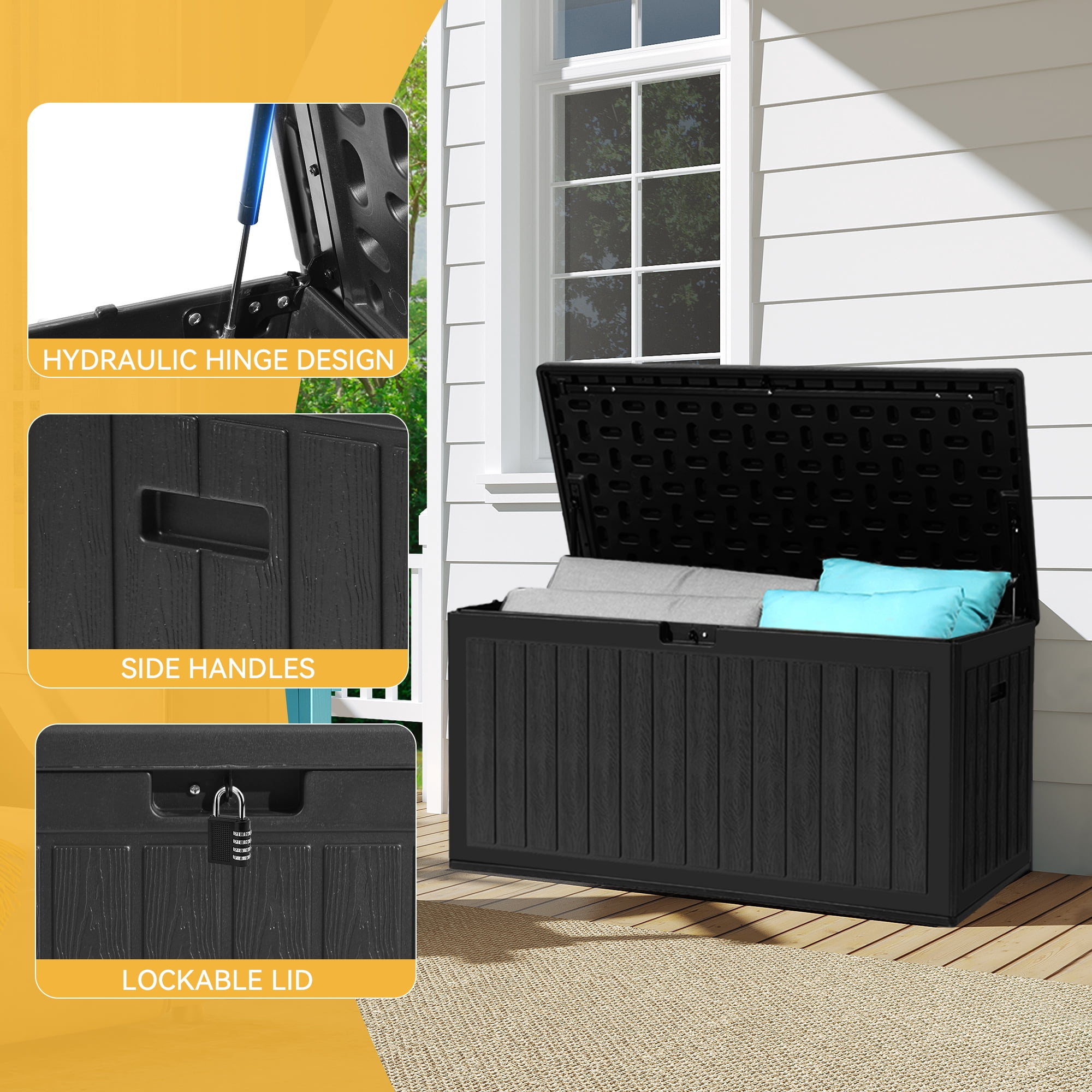 Dextrus 90 Gallon Outdoor Deck Box, Double-Wall Resin Storage Boxes, for Patio Furniture, Garden Tools, Lockable & Waterproof,Black