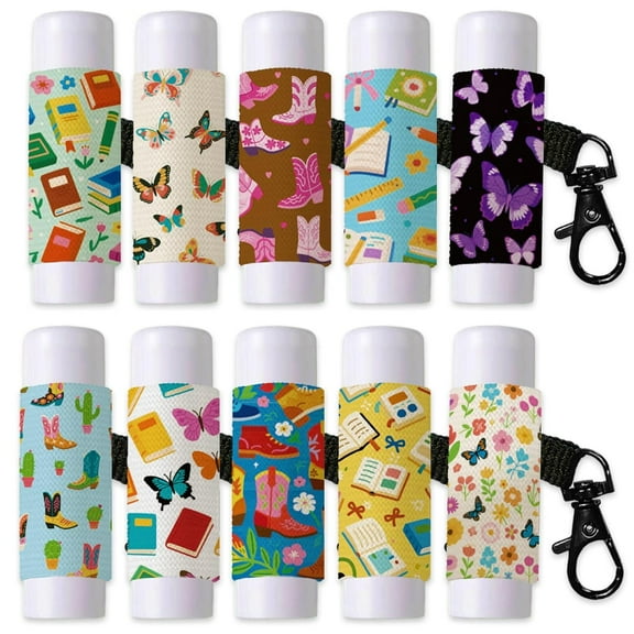 10Pcs Books Butterflies Lip Balm Holder Keychain Cowboy Boots Lipstick Pouch with Metel Clasp Portable Clip on Lip Gloss Keychain Sleeve for Chapstick Lipbalm Storage Metal