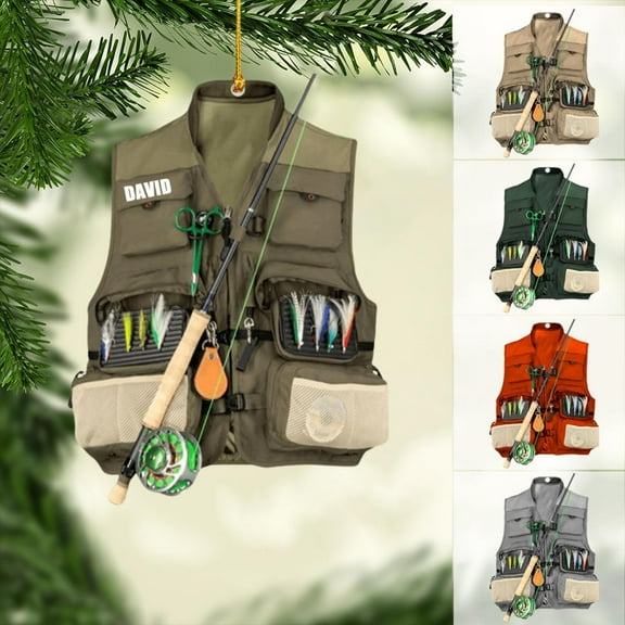 Personalized Fishing Christmas Ornament, Fishing Vest and Hat with Bobber and Fishing Pole Accessories for Fisherman Hanging Christmas Ornament, Fishing Ornament (Acrylic, Style 14) - 3504 (Brown)