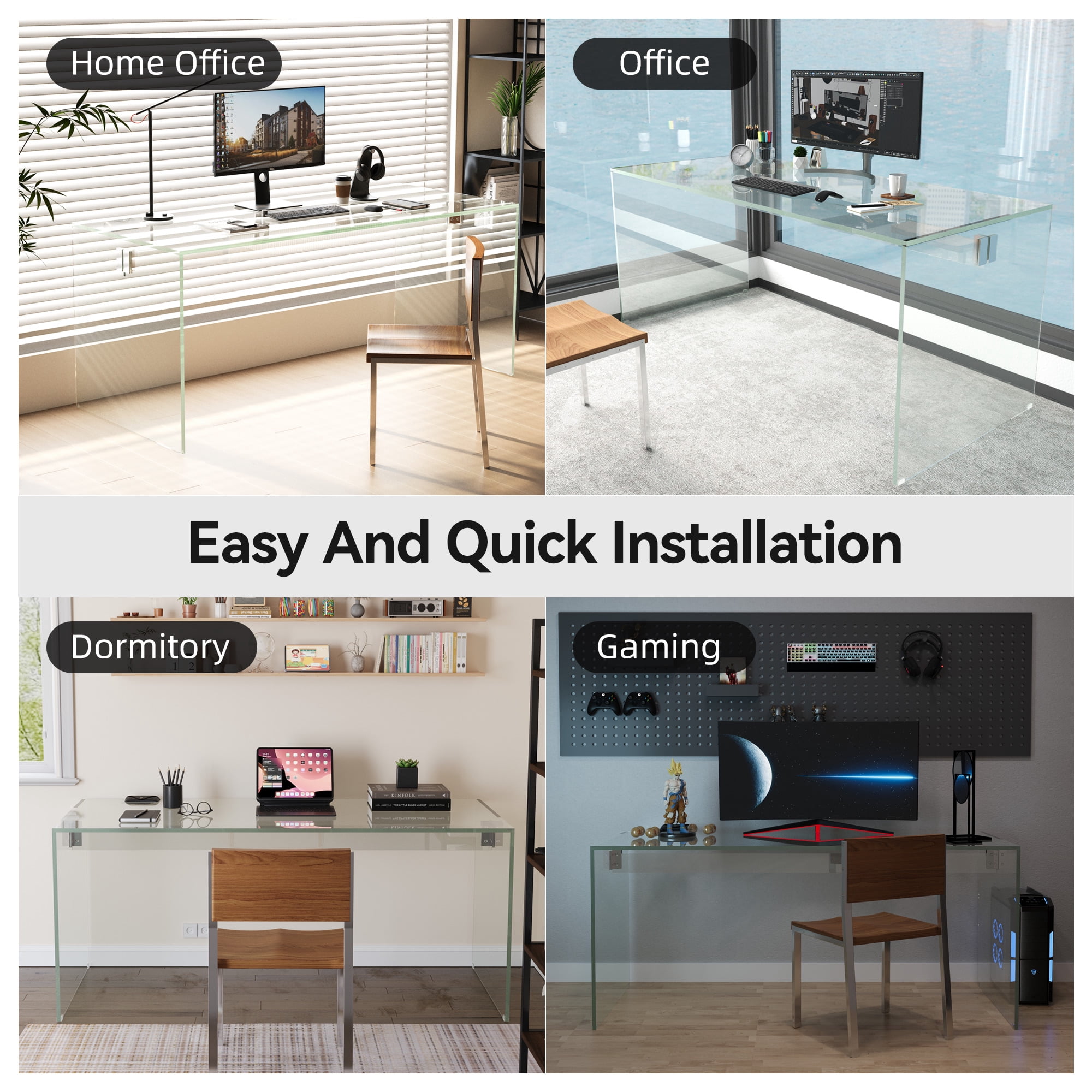 NessCarsti 53.14" Modern Tempered Glass Office Desk, Minimalist Rectangular Workstation Table, Sturdy Clear Design for Home Office & Living Room