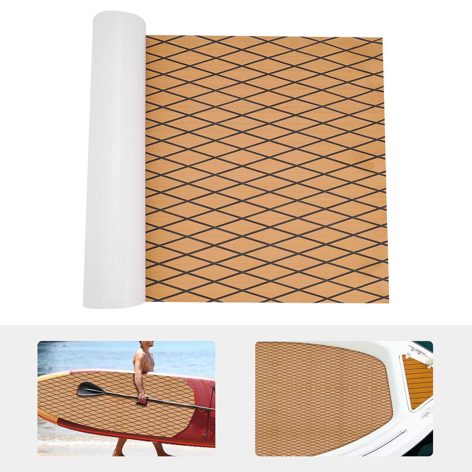 ToppiJoy 94.5*35.5in EVA Boat Flooring Foam, Rhombic Pattern Non-Slip Grip Mat Supports Free Cutting, Self-Adhesive Flooring for Motorboat RV Yacht Kayak Swim Platform(Black+Light Brown)