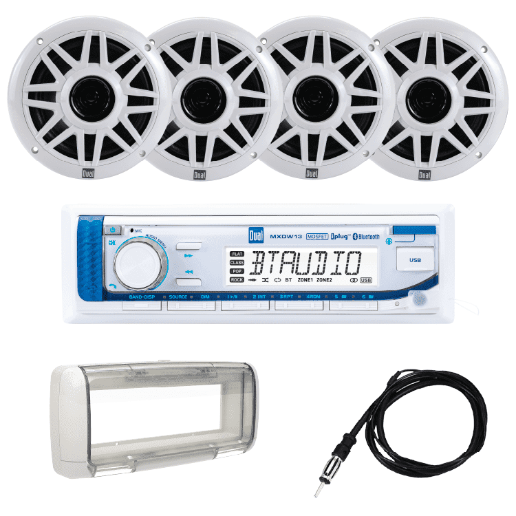 Dual Electronics MXP154SG Marine Boat Radio Kit, Bluetooth, 4 6.5" Speakers, Splashguard, Antenna, White