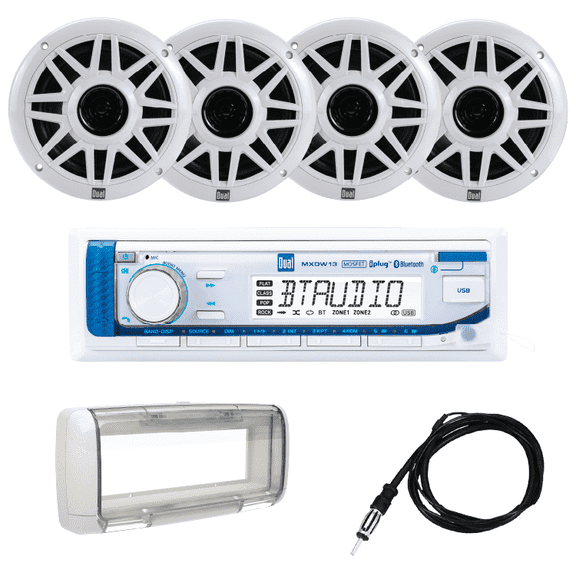 Dual Electronics MXP154SG Marine Boat Radio Kit, Bluetooth, 4 6.5" Speakers, Splashguard, Antenna, White