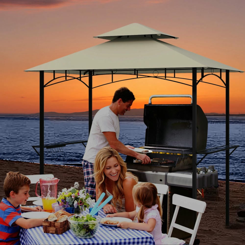 Barara King Gazebo, Outdoor Canopy Shelter,Outdoor Double-Tiered Grill Gazebo Canopy with 2 Shelves and 7 Hooks-Beige