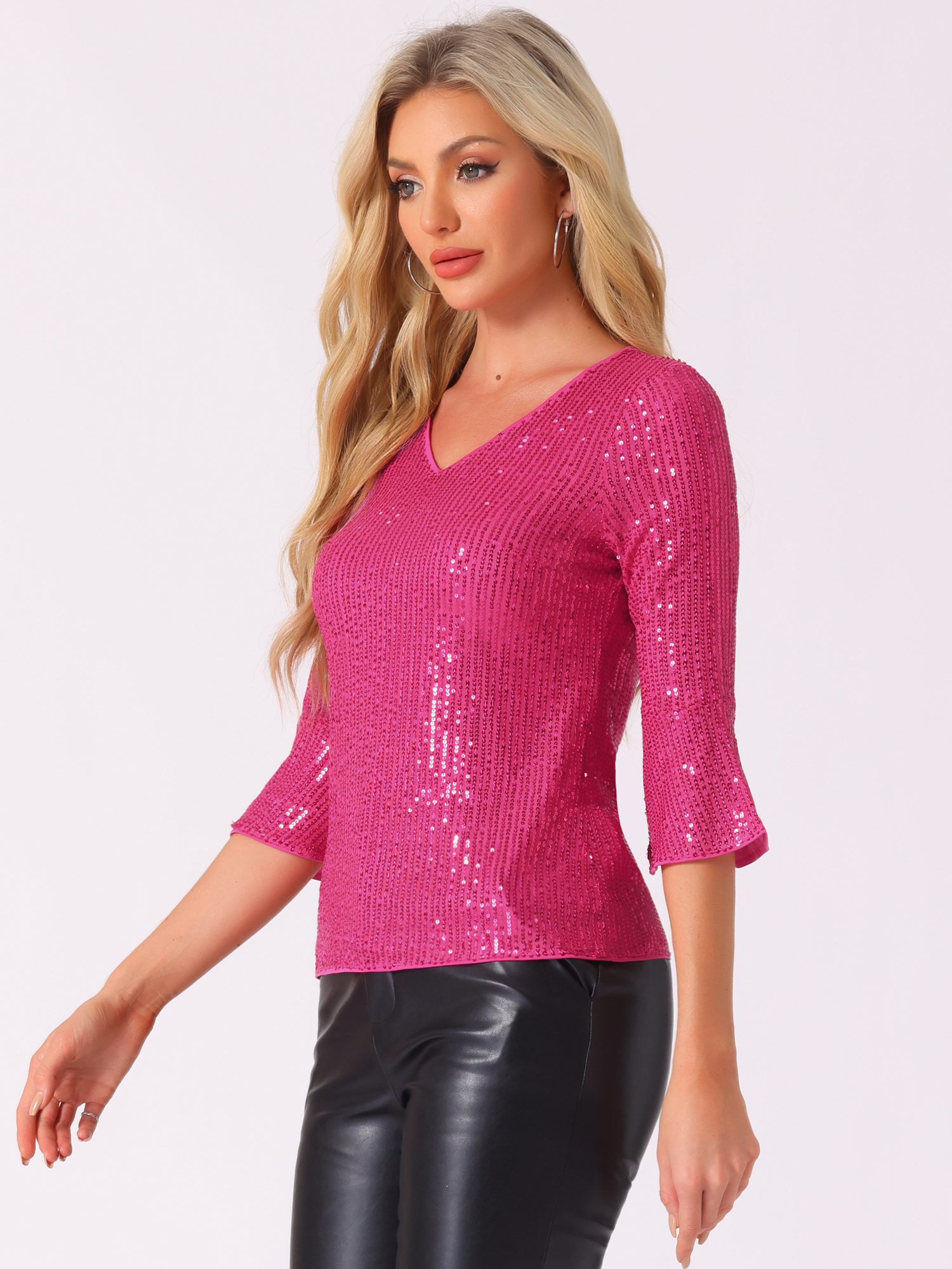 DARING DIVA V Neck Metallic Sparkly Glitter Blouse XL Hot Pink