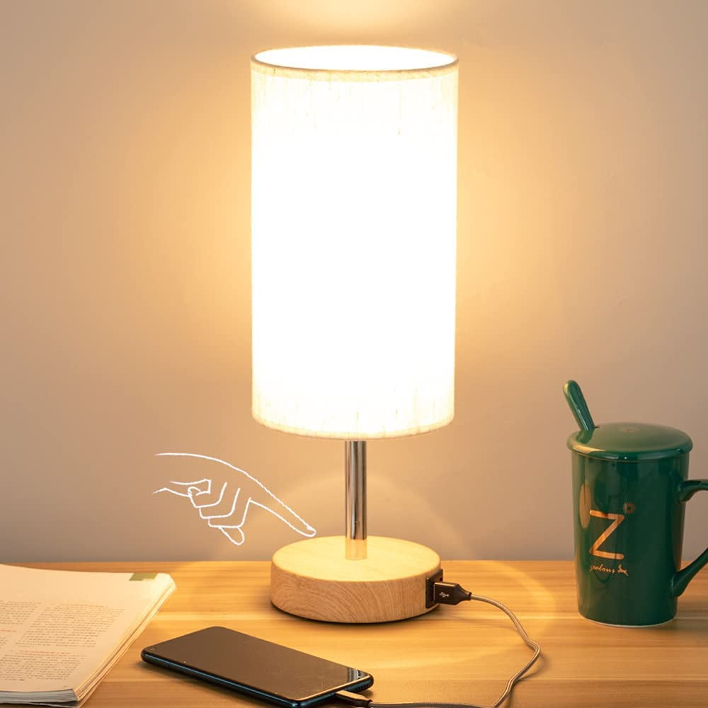 Bedside Lamp with USB port-Touch Control Table Lamp for Bedroom Wood  Way  Dimmable Nightstand Lamp with Round Flaxen Fabric Shade for Living Room,