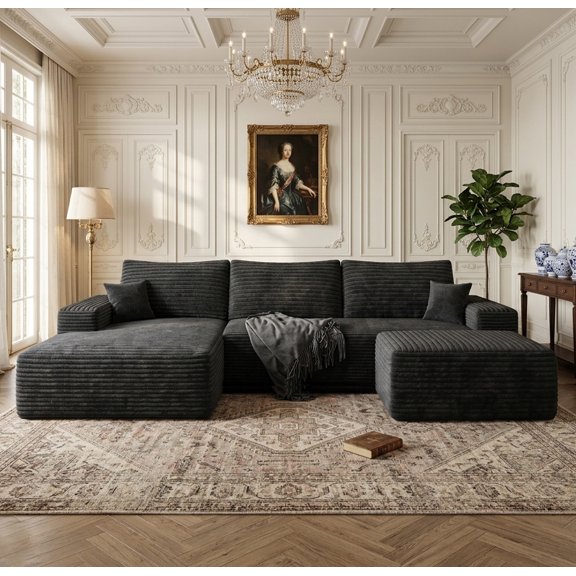 CKEASEAN 107" U-Shaped Modern Modular Sectional Sofa with Left Facing Chaise & Ottoman, Oversized Corduroy Boneless Couches with Deep Seat, Comfy Cloud Couch for Living Room,No Assembly Require