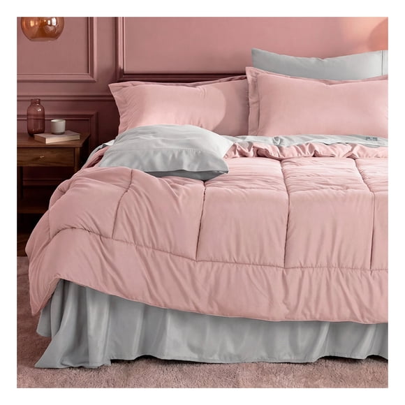 Set Edredón King Size + Funda De Almohada + Sábanas 7 Pzas Real Textil Rosa - Gris