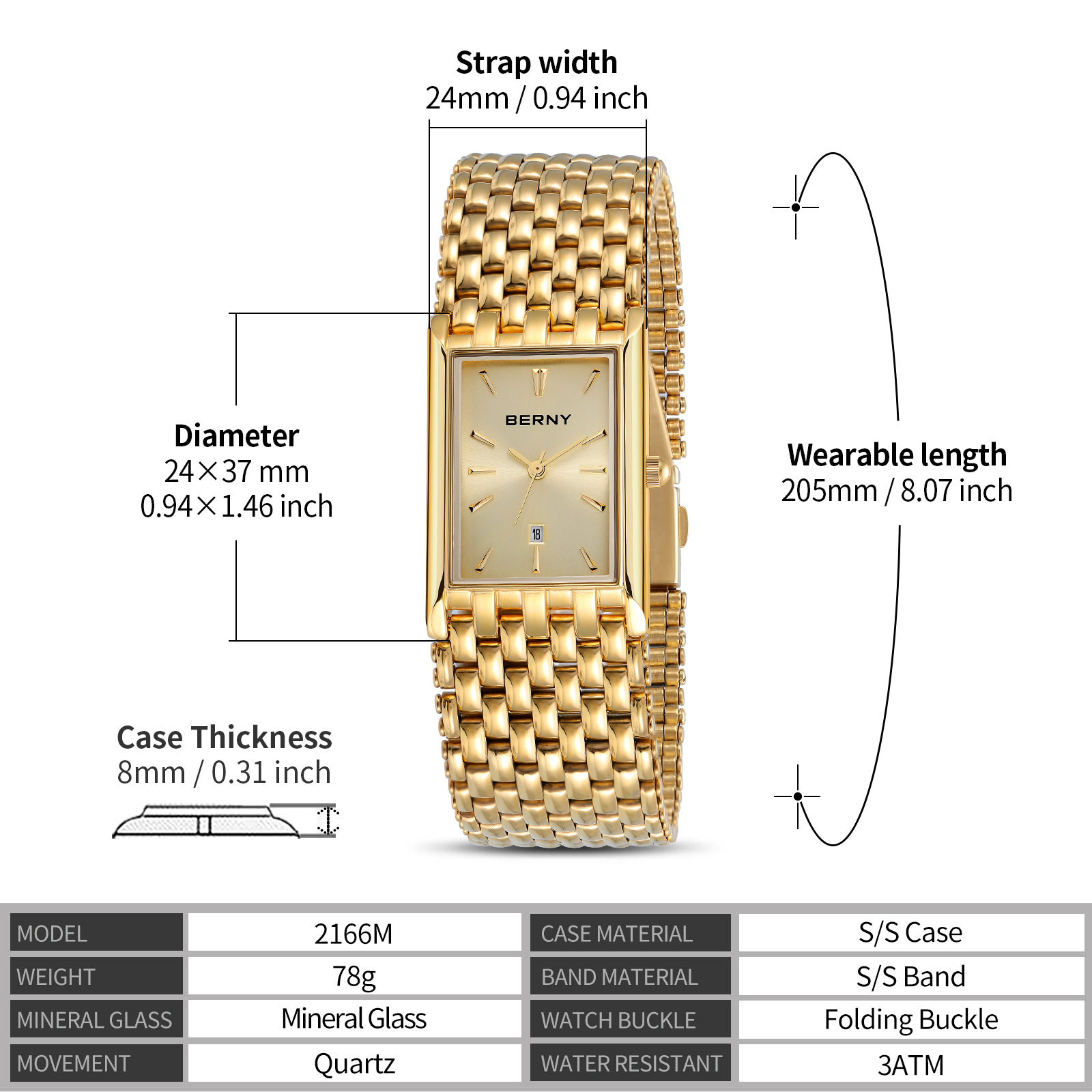BERNY Men's Gold Rectangular Watch, Stainless Steel Band Quartz Wristwatch, Date Display, 3ATM Water Resistant, Folding Buckle, Classic Business Dress Watch for Men (Gold)