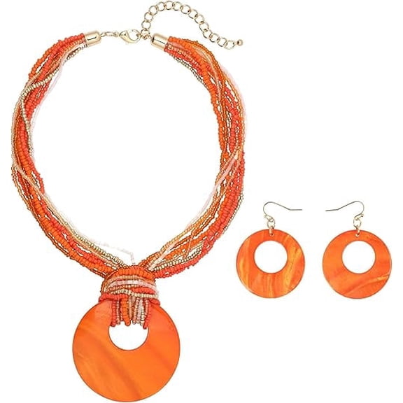 Coiris Multi Strand Statement Colorful Beaded Necklace with Big Circle Shell Pendant for Women