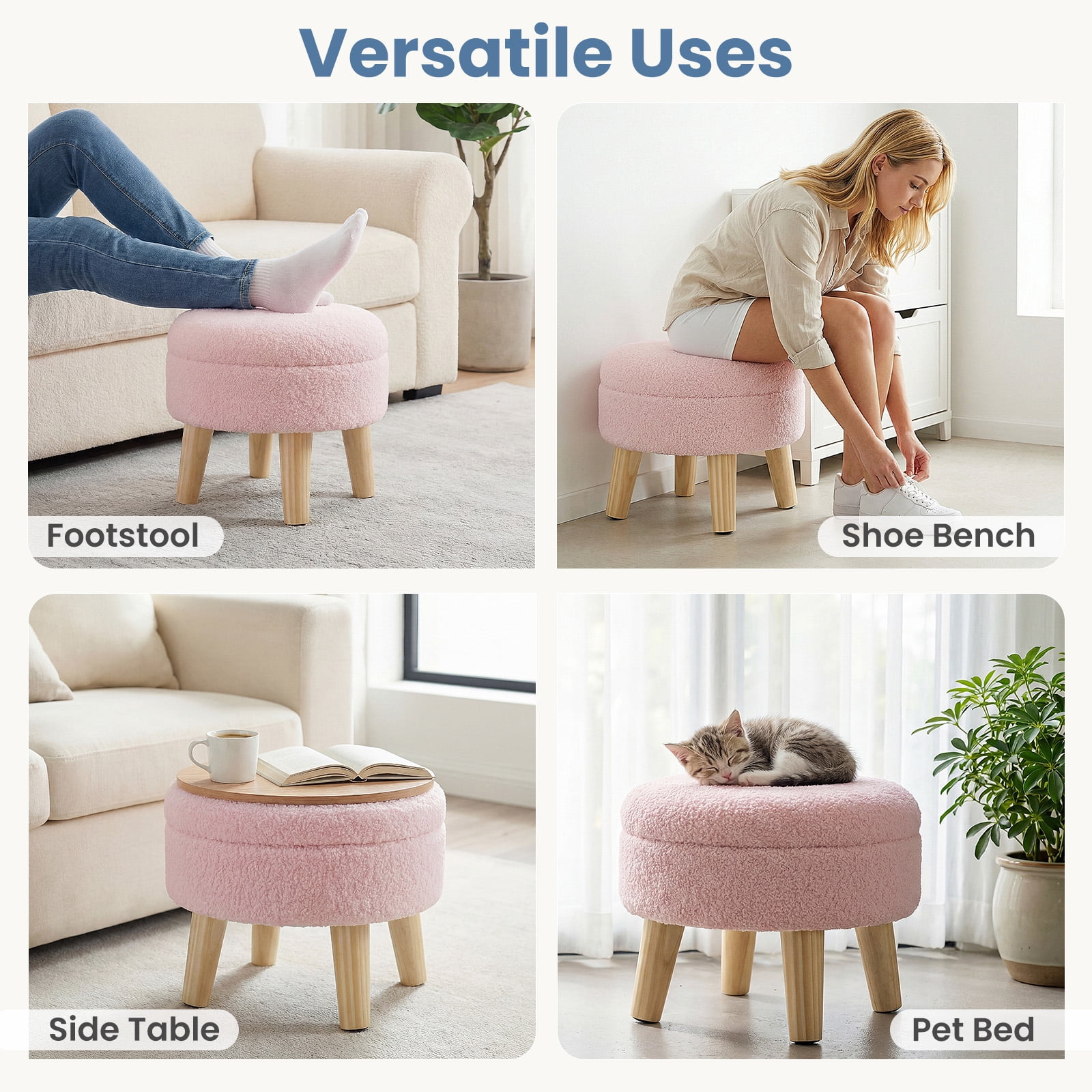 CONCETTA Round Storage Ottoman with Soft Padded Seat, Teddy Velvet Footstool with Wood Legs, Accent Ottoman for Living Room & Entryway, Pink