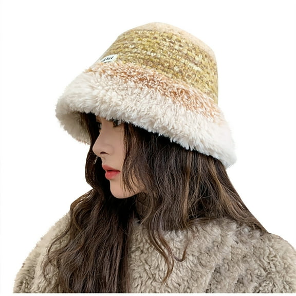 Xfvqtps Cloche Bucket Hats for Womens Crochet Fluffy Furry Hats Large Head Circumference Mixed Colors Versatile Fashion Warm Winter Fisherman Hat Khaki