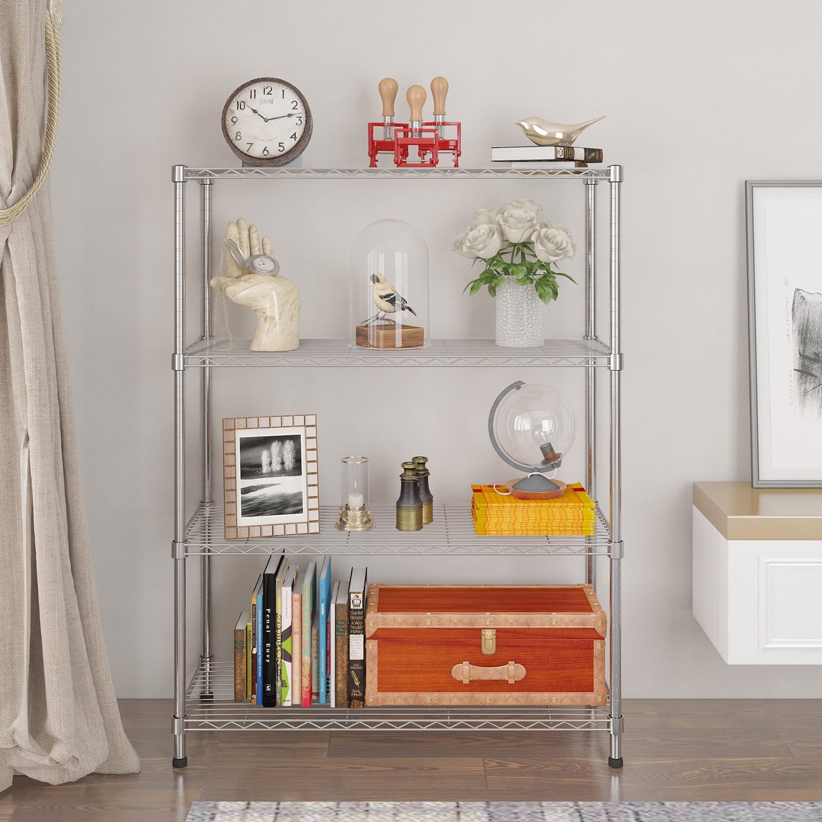 Ktaxon 4-Tier Metal Shelving Unit, Adjustable Shelf Organizer for Garage Kitchen, Storage Rack Capacity for 1100 lbs, 36"W x 14"D x 47"H, Chrome Bright Silver