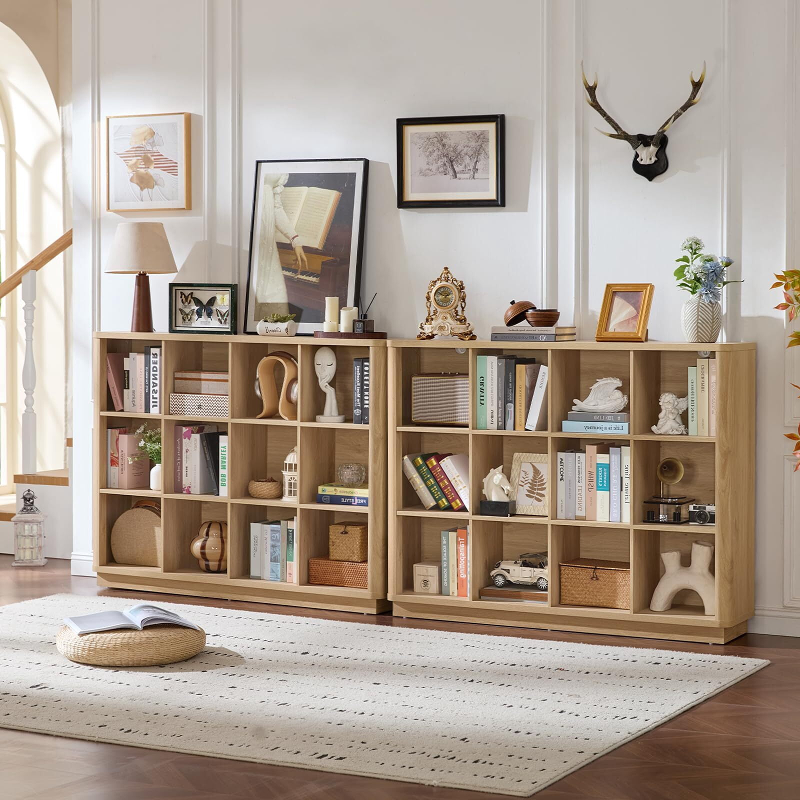 Buildhom 12-Cube 3-Tier Storage Bookcase, 41" Tall Floor Standing Bookshelf with Curved Edge for Living Room, Office, Natural