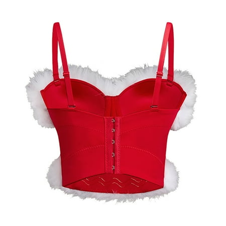 2DXuixsh Womens Tops Tube Crop Xmas Going Out Bandeau Strapless Tank Bustier Corset Santa Strap Corset Vest Zipper Feather Lingerie Top Watermelon Red Size S