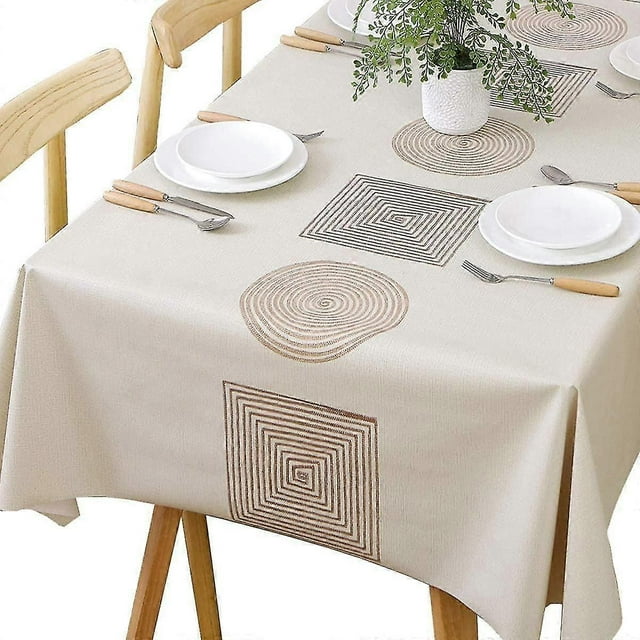 Rectangular Waterproof PVC Table Cloth, Plastic Table Cloth 140 x 220CM Stain and Oil Proof, Beige Table Cloth for Kitchen Cafe Dining Table