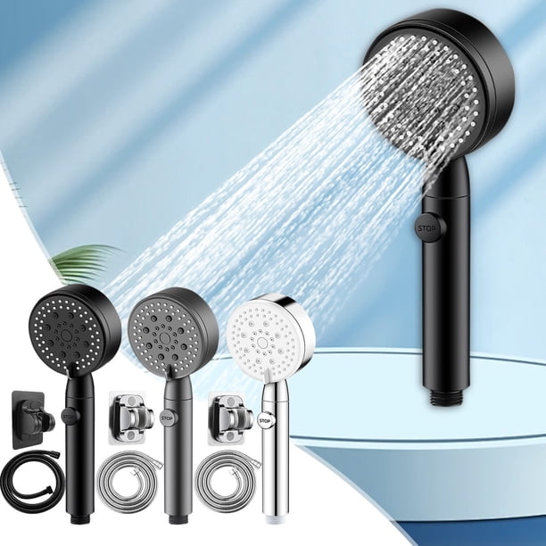 Cabezal de ducha de alta presión - 5 modos de pulverización, flujo turboalimentado, ajuste universal, manguera de 59", plata/gris