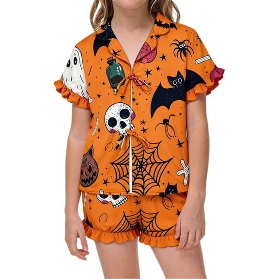 MEZZALL Halloween Kids With Ruffle Short Sleeve Lapel Tie Front Shirts Blouse Tops With Shorts For Girls Soft Comfort Pajama Sets For Nighttime Lounging 2 Piece Sleepwear
