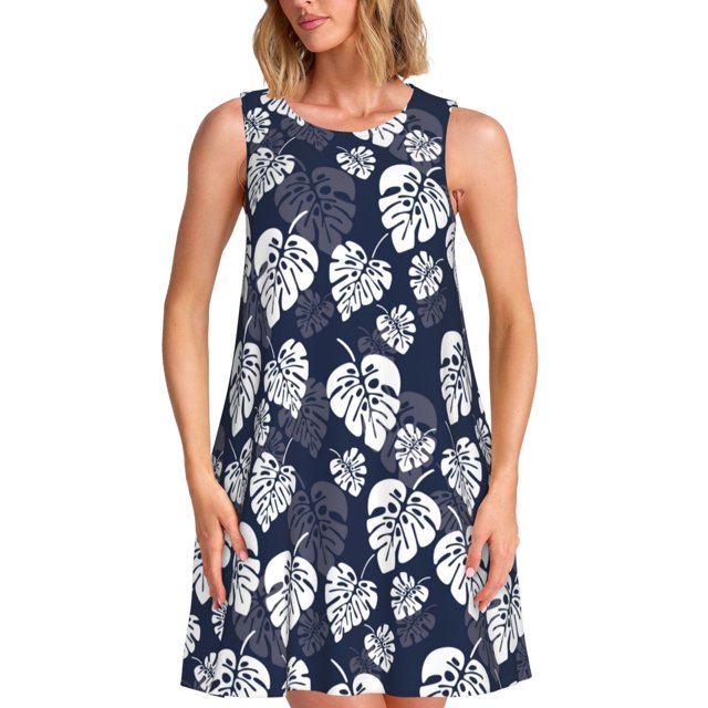Balery White Leaves Vestidos de verano para mujer con estampado: vestido holgado sin mangas, vestido playero informal y cómodo para días calurosos.