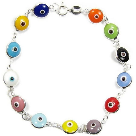 A Sterling Silver Evil Eye Bracelet, Multi-Color Beads