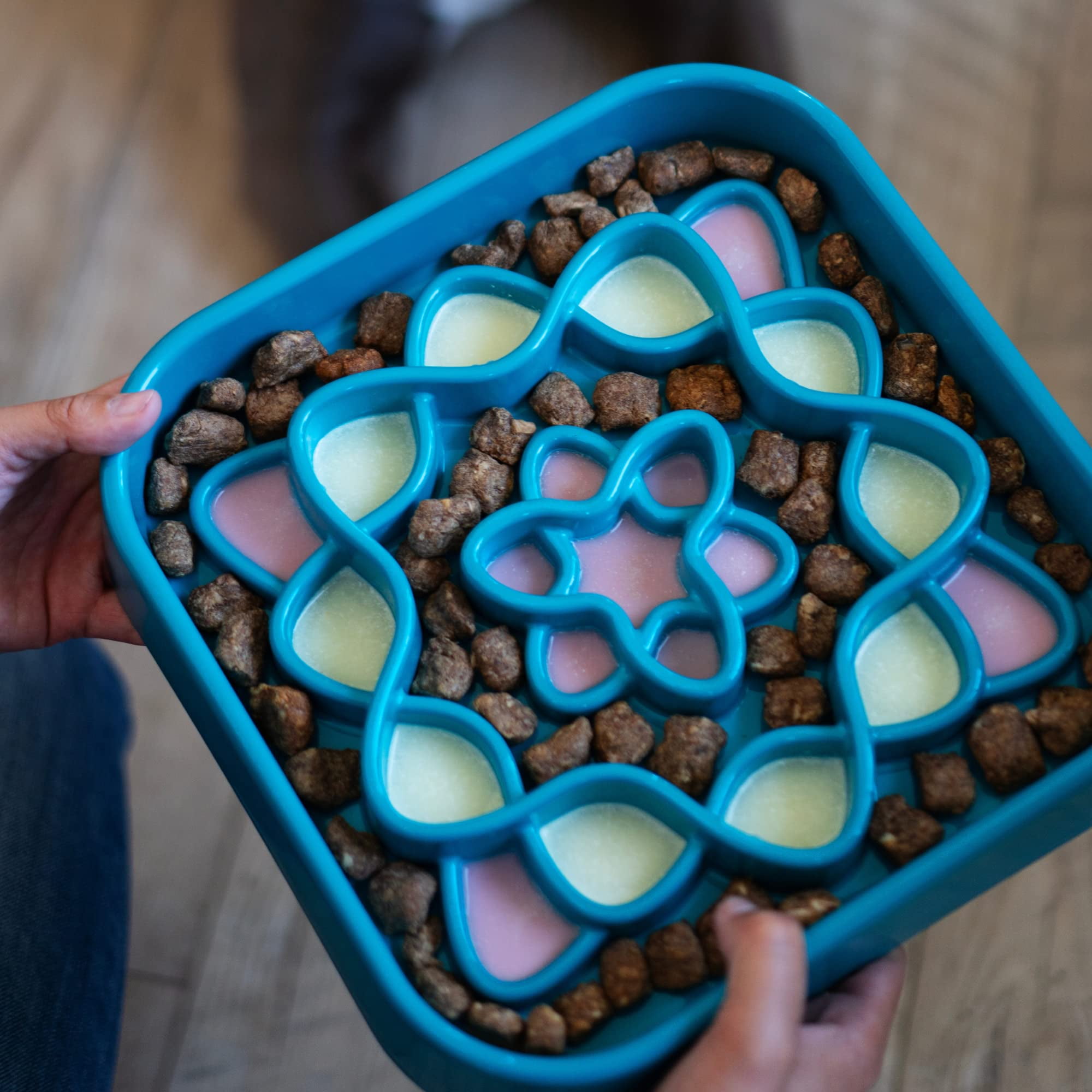 Messy Mutts Interactive Square Slow Feeder | Blue (8 Cup) | 11” x 11” Square Puzzle Slow Feeder for Dogs | Enrichment Food Dish for Slow Eating, Bloating