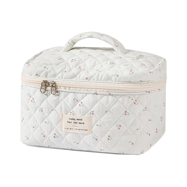 Bolsa de maquillaje uekeboag, tamaño grande, acolchada, para mujer, color blanco y cereza