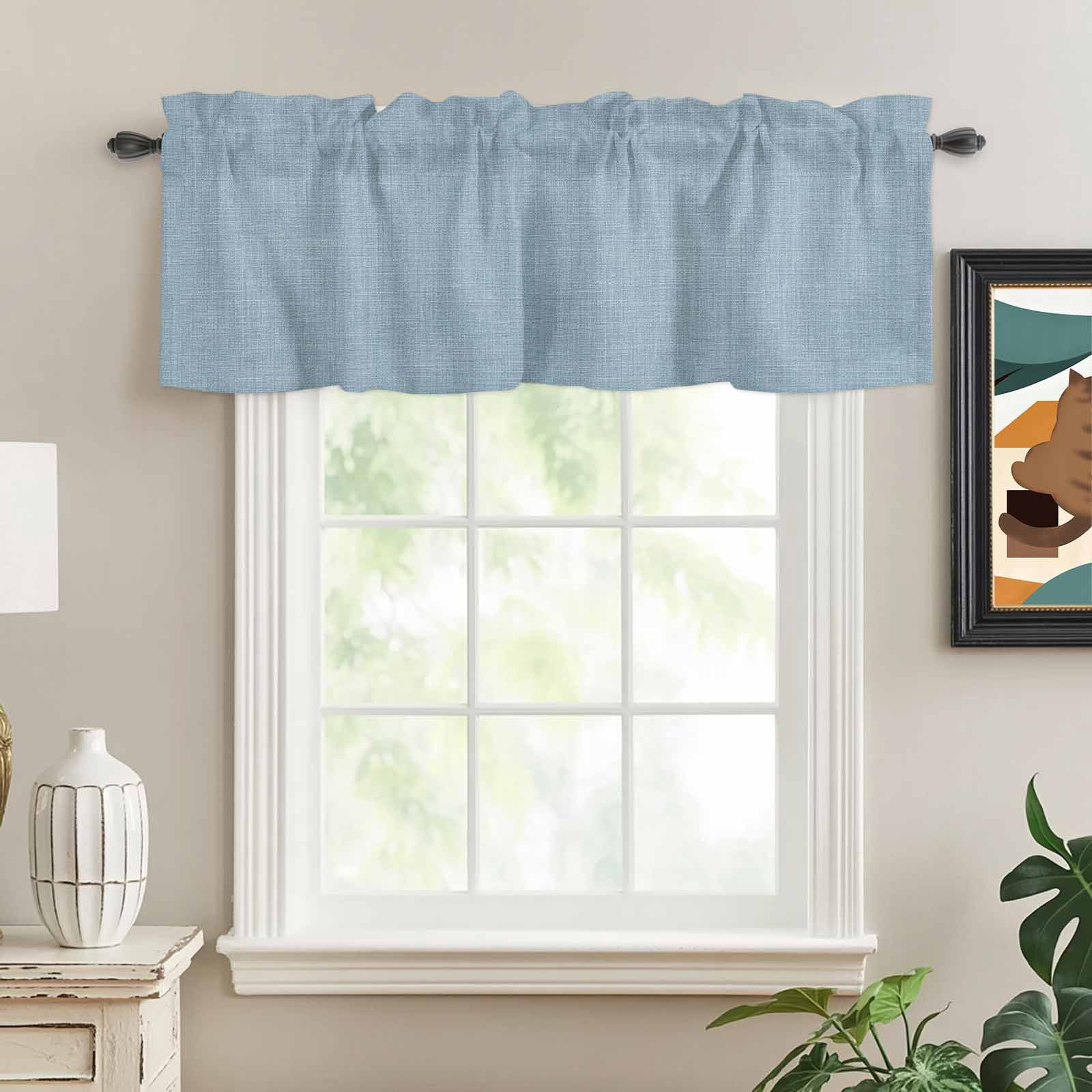 Vintage Sky Blue Rod Pocket Curtain Valance, Farmhouse Retro Solid Color Linen Texture Farmhouse Window Valance for Living Room, Bedroom, Kitchen 42"W x 12"L