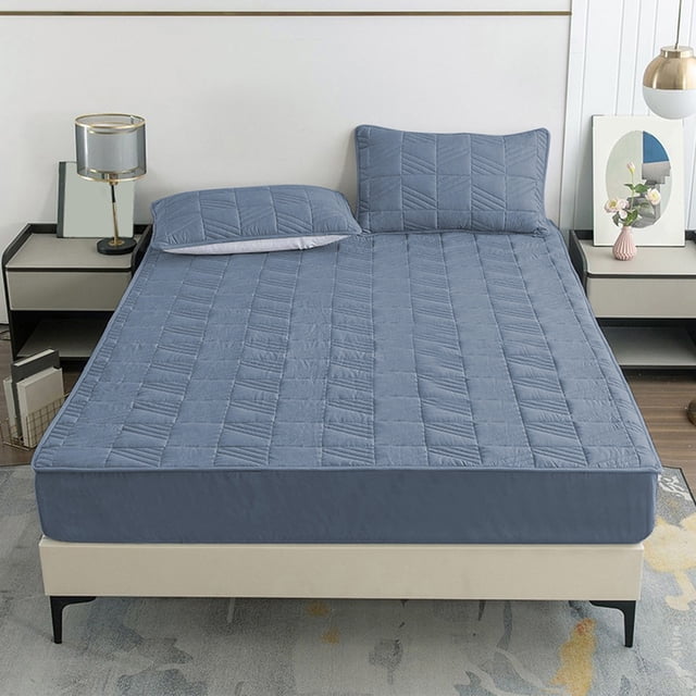 Fwttom Quilted Fitted Sheet Made of Washed Cottons Solid Color Skines-Friendly Breathable Non-Slide Thickened and Dirt-Proof Bed Cover Suitable for Home Use