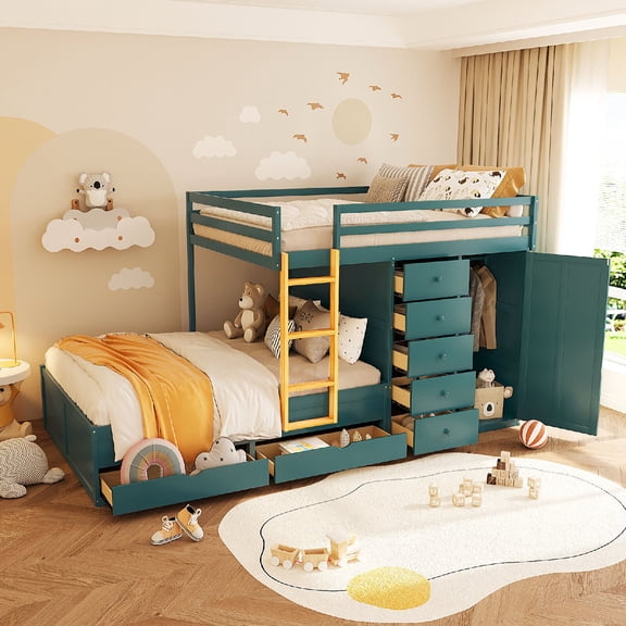 Full Over Full Size Bunk Bed Frame with 2 Storage Large Drawers & 5 Small Drawers, Modern Storage Design MDF & Solid Wood Bunk Bed with Small Wardrobe and Ladder for Bedroom, Apartment, Green