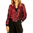 thumbnail image 6 of MODA NOVA Juniors Halloween Costume Christmas Glitter Cropped Long Sleeve Zipper Bomber Jacket Red M, 6 of 7