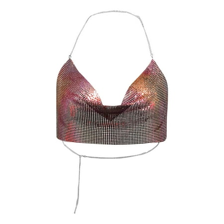Mashaouyo Sequins Metallic Body Chains Bikini Crop Top Bra Halter Backless Beach Swimsuit Wrap Cover Up for Women Clearance Sale