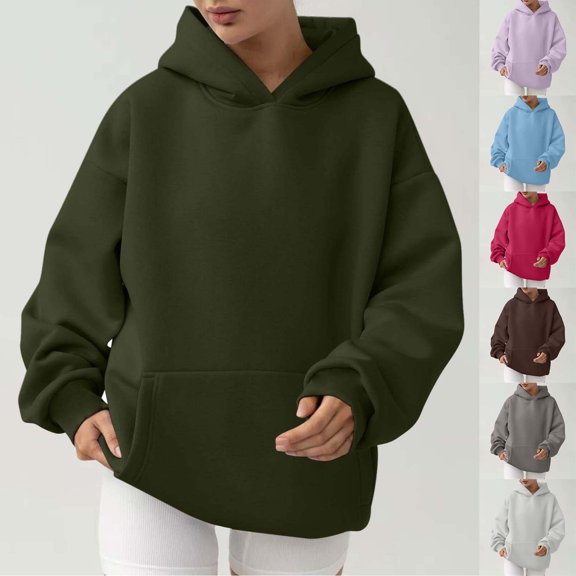 Hooded Womens Long Sleeve Pullover Sweatshirt Solid Color Loose Fit with Pockets Ribbed Cuffs and Hem Casual Lightweight Cozy Classic Everyday Fall Winter Hooded Sweatshirt