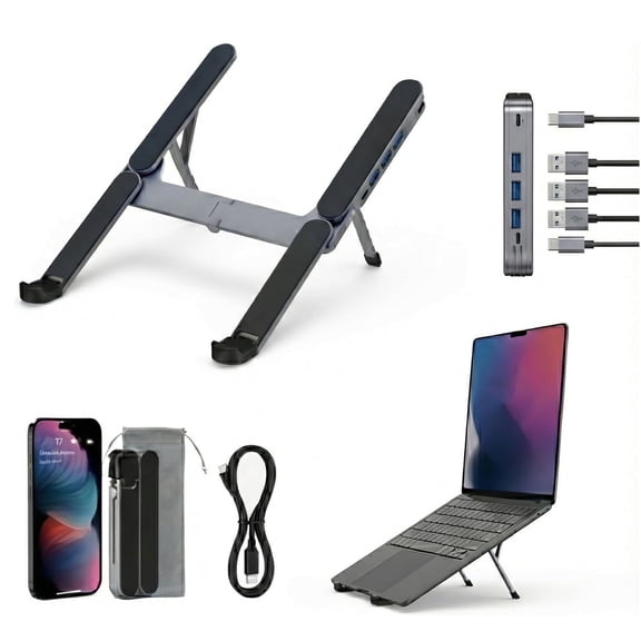 Samovi Laptop Stand with 4-Port USB Hub, 6-Level Adjustable Aluminum Holder, Ventilated Cooling Notebook Mount Computer Stand for Travel, Library, Home, Office, Cafe, for 11-17.3" Laptops