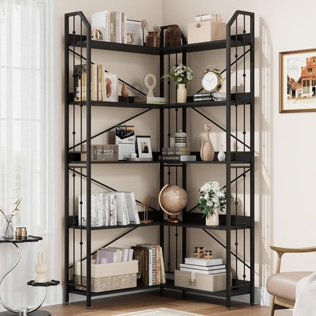 Corner Bookshelf L-Shaped 5 Tier Bookcase Tall Corner Bookcase with Beaded Design Large Display Shelf for Living Room Bedroom