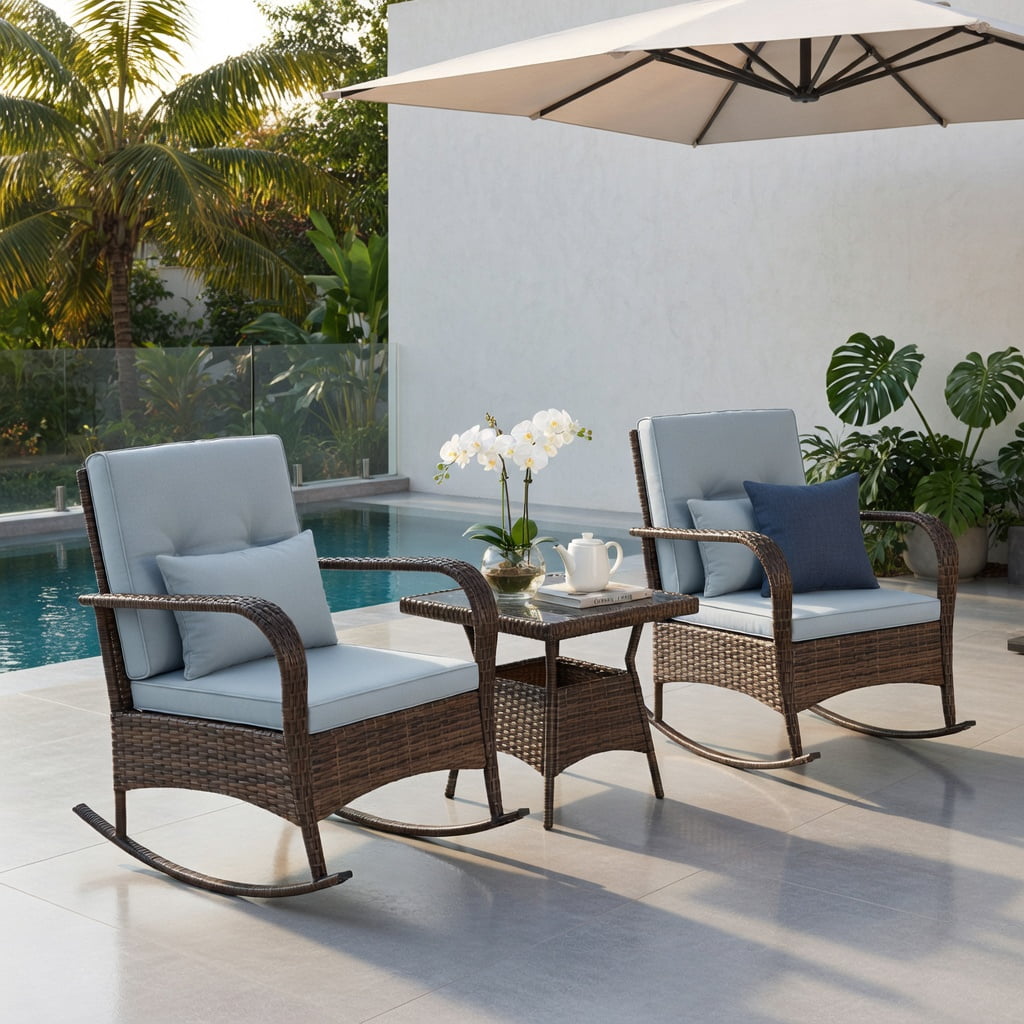 Hommoo 3-Piece Outdoor Rocking Chair Set with Tempered Glass Coffee Table, PE Rattan Patio Furniture for Backyard, Poolside & Porch, Gray