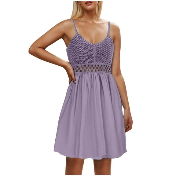 Boho Dresses For Women Beach Fashion Casual Loose A-Line V-Neck Sleeveless Spaghetti Straps Solid Color Mini Flowy Sundress Purple