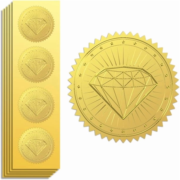 Sello adhesivo dorado con diamantes en relieve de 2 pulgadas, 100 unidades, autoadhesivo, dorado, para relieve.