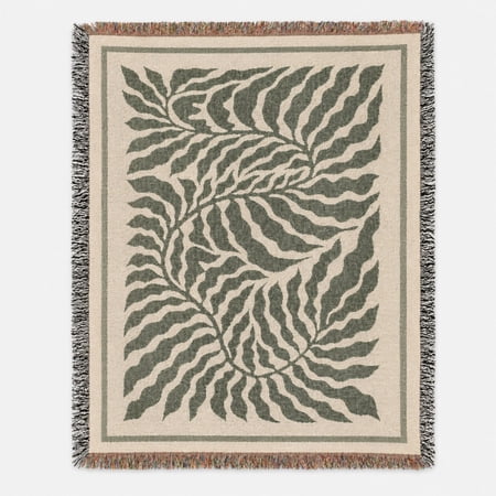 Dark Green and Cream Abstract Botanical Woven Blanket 100% Cotton Organic Modern Decor for Sofa or Bed