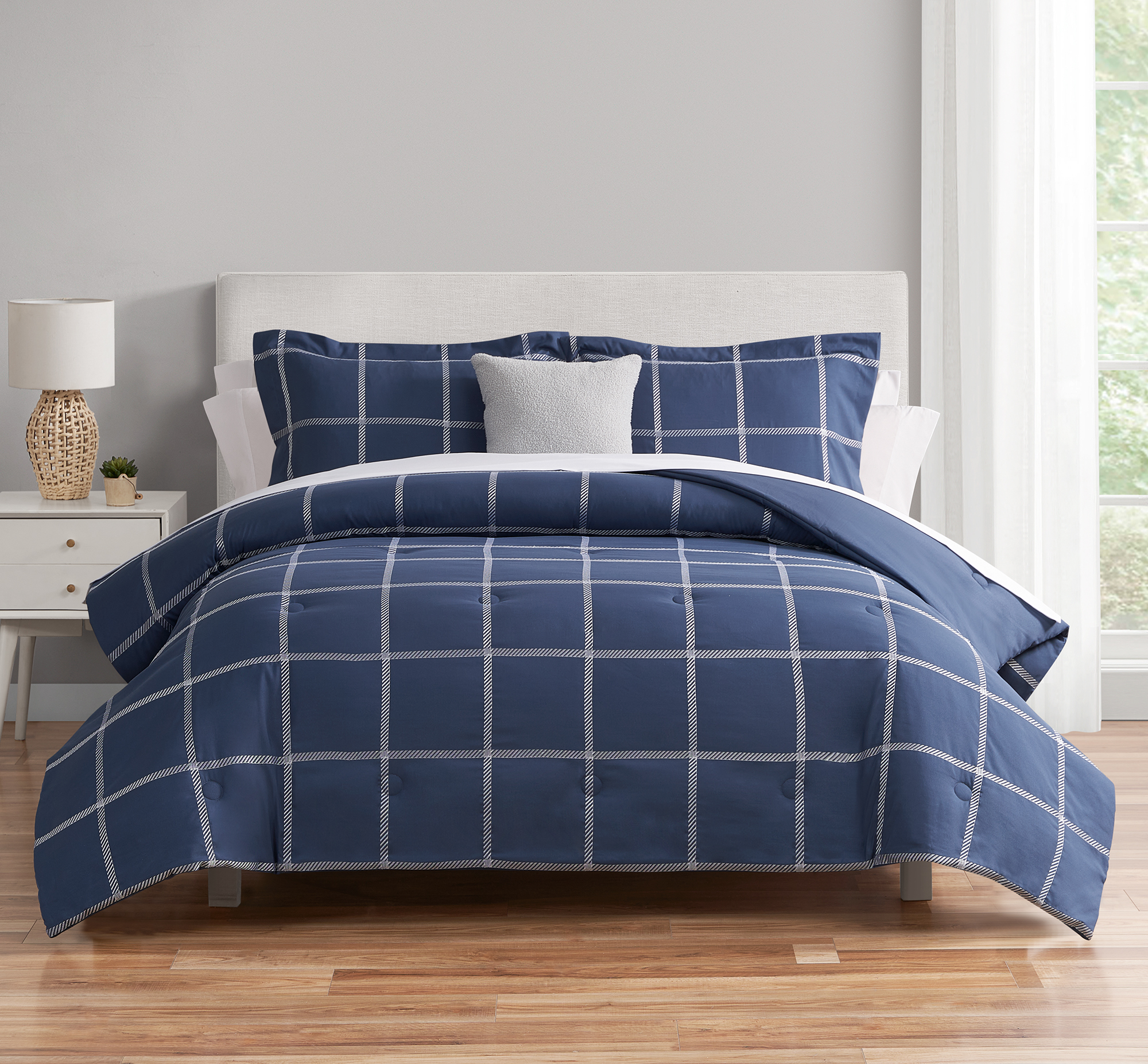 Mainstays Navy Windowpane 10 Piece Bed in a Bag Comforter Set with Sheets, Full