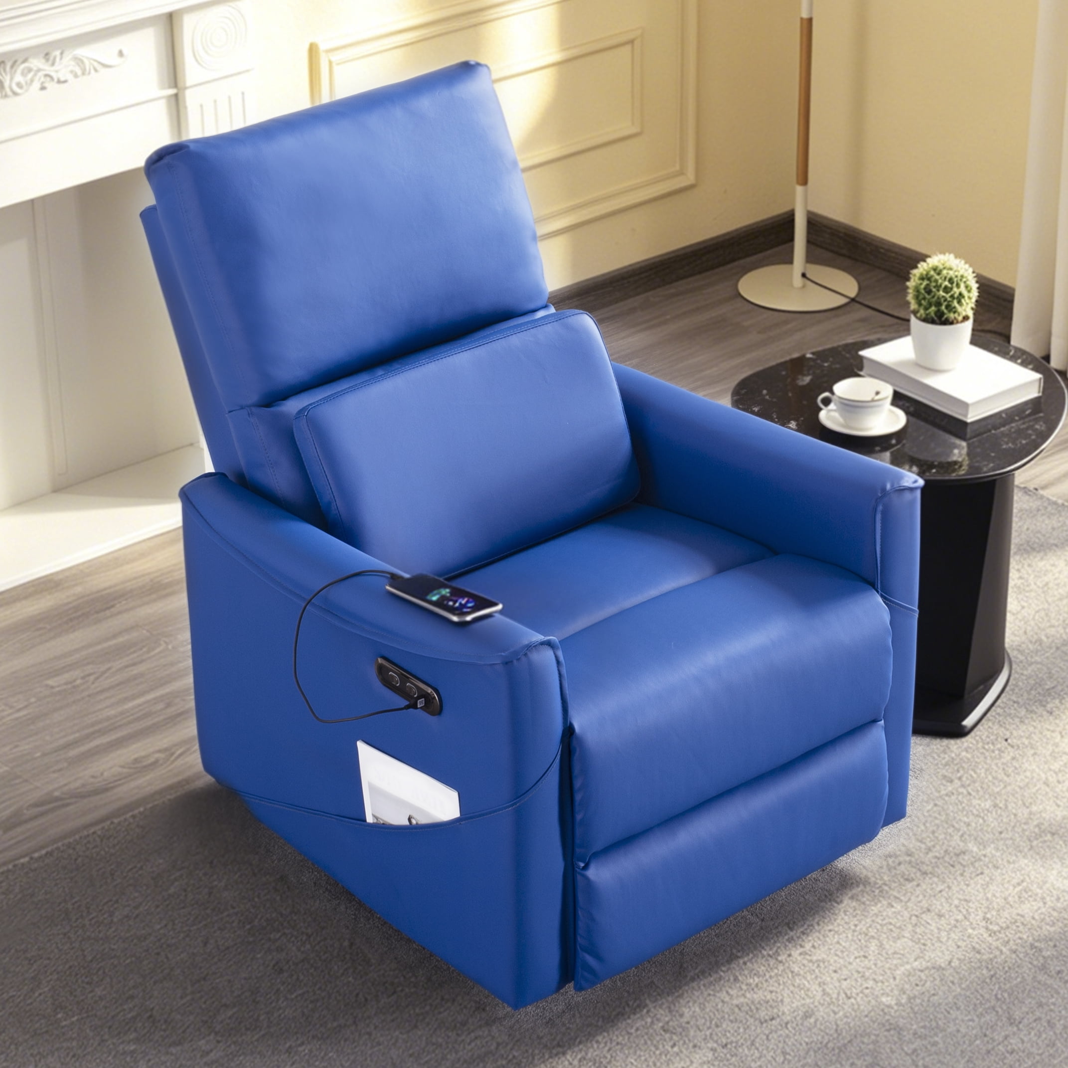 Gewnee 29.13"Power Rocking Recliner Chair,360°Swivel Recliner Chair with USB & Type-C Ports,Adjustable Reclining Positions,PU Swivel Recliner for Living Room,Office,Bedroom.Blue