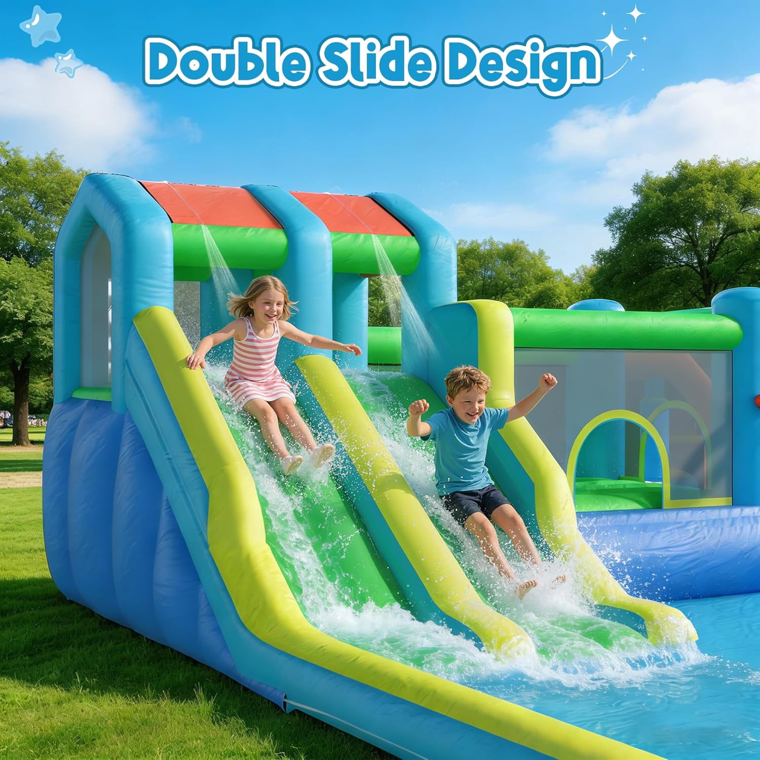 Hommow Inflatable Bounce House Double Water Slide with Blower, Climbing Wall, Water Gun, Splash Pool, Basketball Hoop, Indoor Outdoor Backyard