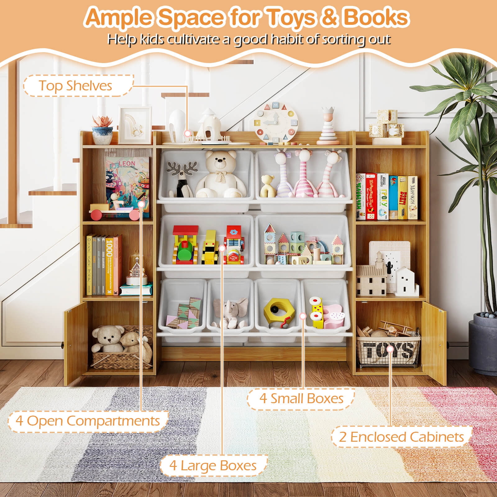 Costway Kids Toy Storage and Bookshelf with 8 Boxes Open Shelves & 2 Single-door Cabinets Beige