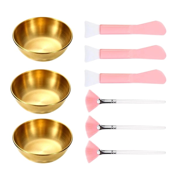 Juego de cuencos para mezclar mascarillas faciales y kit de brochas aplicadoras para el cuidado de la piel en casa. Oro