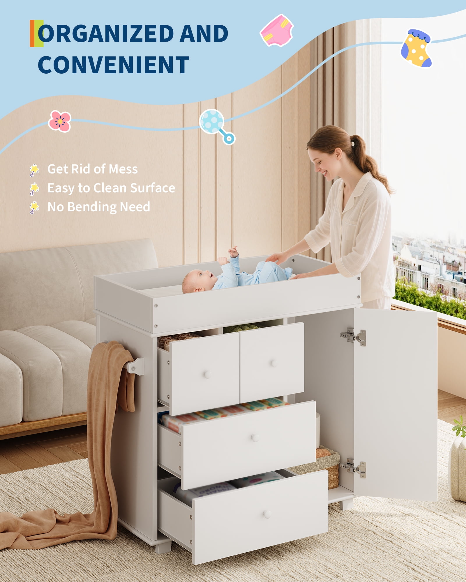 Roromall Baby Dresser with Changing Table Top, 4 Drawers Nursery Dresser with Door, Infant Diaper Changing Station Baby Cloth Organizer for Nursery and Bedroom