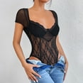 thumbnail image 4 of Body De Encaje Para Mujer, Body De Una Pieza Para Mujer, Broche De Presión En La Parte Inferior, Cuello En V Suave, Mangas Cortas, Línea De Princesa Para Citas Para Fiestas ANGGREK L Negro, 4 of 8