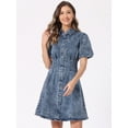thumbnail image 2 of DARING DIVA Denim Puff Sleeve Collared Button Down Dress L Gray Blue, 2 of 6